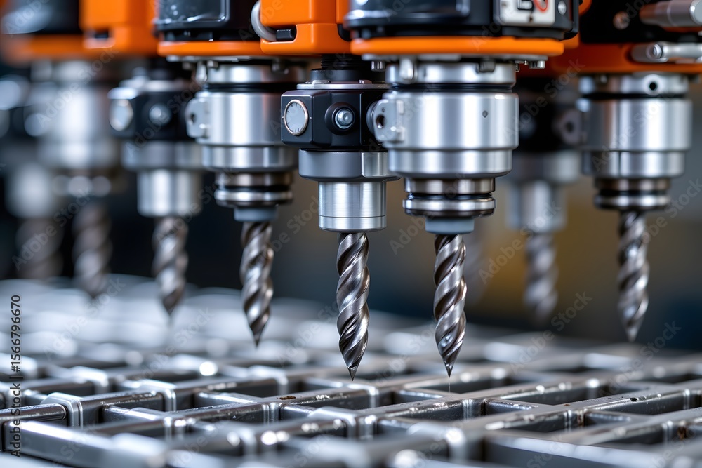 Poster robotic precision: a cluster of advanced robotic drill presses, each poised with meticulous precisio