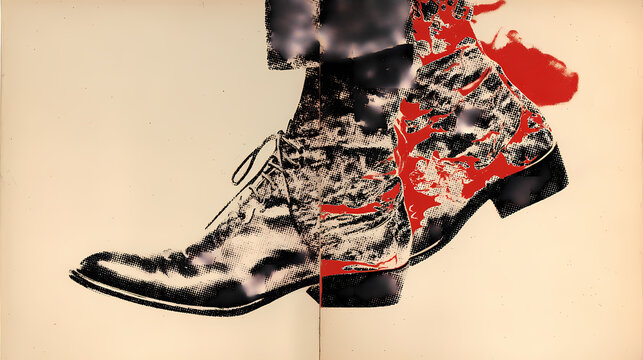 fractured iconography. | sharp edge masking | mid-century advertising | brutalist graphics | Png boots footwear clothing leather. silkscreen print