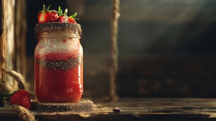 Vibrant layered smoothie in a mason jar, topped with fresh strawberries and cocoa nibs