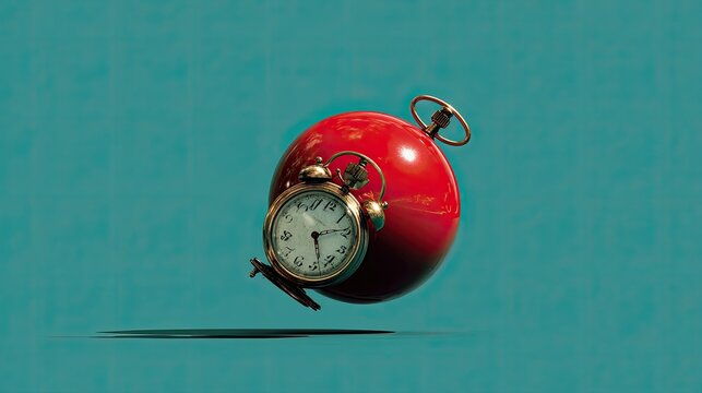 Red sphere-shaped alarm clock, mid-air, teal background