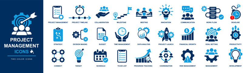 Project management icon set including strategy, teamwork, meeting, deadline, solution, decision making, workflow, goal, collaboration, communication, budget, innovation, risk management, schedule etc
