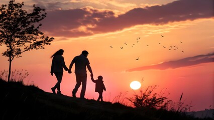 Happy Family Silhouette Walking Together at Sunset on Hillside Parents and Child Outdoor Adventure Concept Generative ai