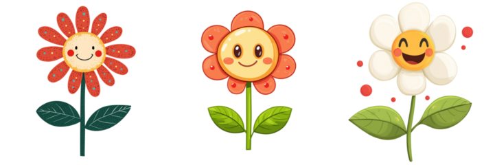 Set of Close-up of a yellow sunflower with a cute, hand-drawn smiling face on the petals on transparent png background. Ai generated