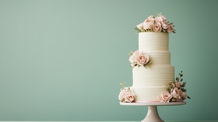 image of a classic wedding cake on soft green background