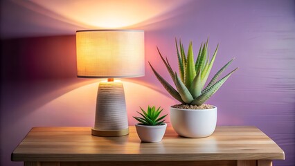 A warmtoned lamp illuminates a wooden table with two small potted succulents, creating a cozy atmosphere