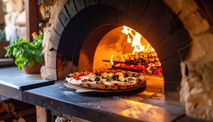 Pizza baking in a wood-fired oven with vibrant flames