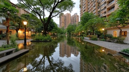 Obraz premium Flooded urban path with trees and buildings
