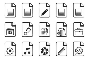 Collection of 25 crisp black document and file icons for digital use