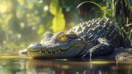 Fototapeta premium Young crocodile resting in shallow water, bathed in warm sunlight
