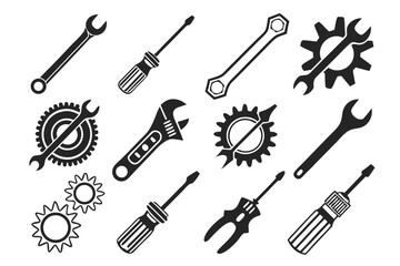 black tool gear icons repair machinery