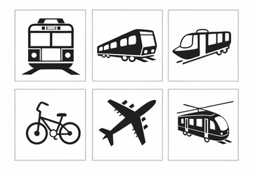 Collection of black transportation mode icons for modern design projects