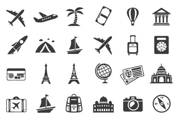Collection of minimalist travel and tourism glyphs for modern design projects