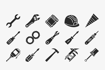 Modern black glyph icons for construction industry and building services