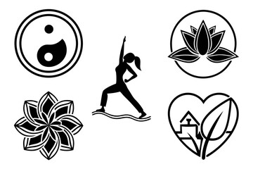 Collection of 30 black and yellow wellness and yoga icons for health and lifestyle
