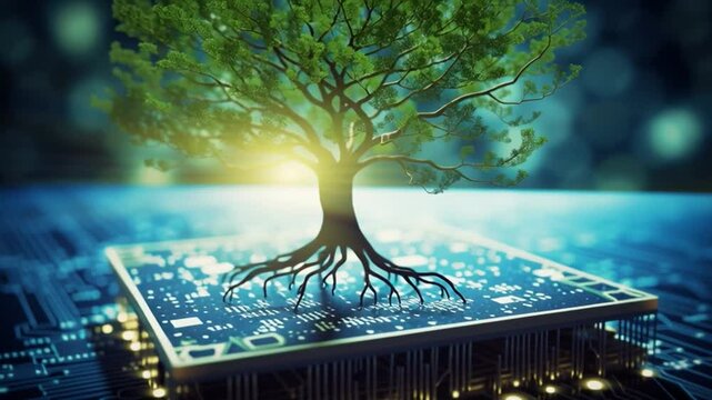 Nature's Digital Harmony: A radiant tree sprouts from a circuit board, symbolizing the fusion of technology and the natural world in a vibrant, futuristic landscape.