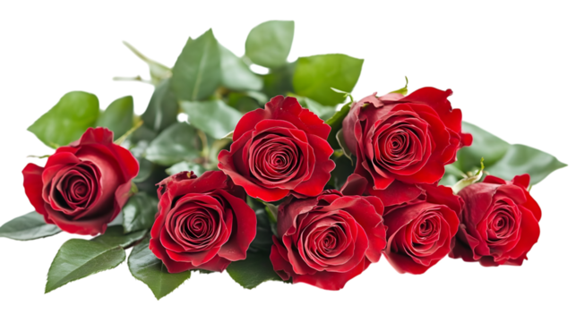 A beautiful bouquet of red roses with green leaves isolated on white background