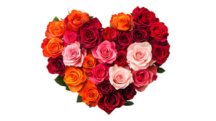 Obraz premium Heart shape arrangement of red pink and orange roses isolated on white background