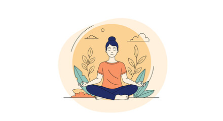 A person meditating peacefully in a tranquil natural setting surrounded by soft abstract shapes and gentle foliage conveying a sense of calm well-being and mindfulness