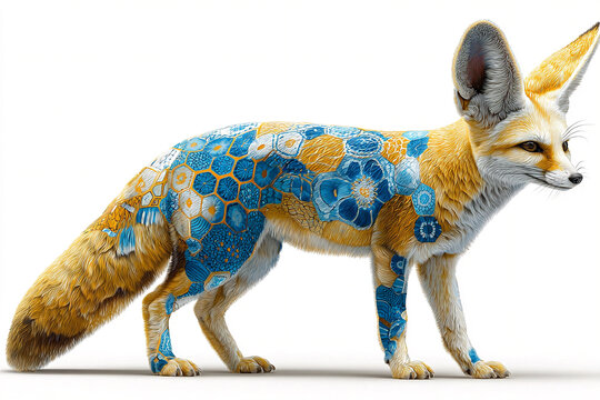 A photorealistic fennec fox with golden fur and abstract blue hexagonal patterns