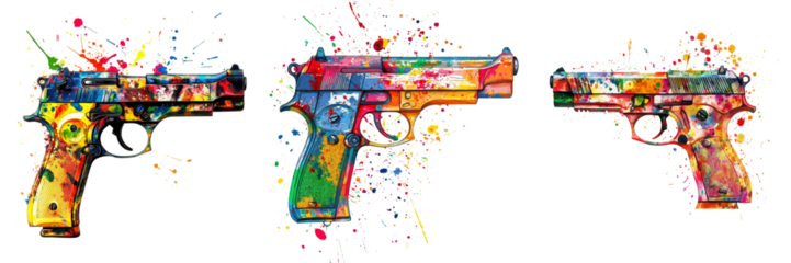 Set of A vibrant toy gun with a sleek black barrel and bold red trigger, featuring colorful design details on transparent png background. Ai generated