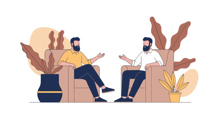 Two men with beards are sitting in comfortable chairs in a room discussing something important between themselves professionally