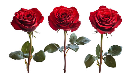Fototapeta premium Three vibrant red roses with green leaves isolated on white background