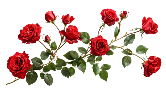 Beautiful red roses with green leaves arranged in a horizontal line isolated on white background