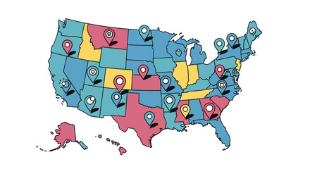 Discovering diverse locations across the united states marking important places on an illustrated map
