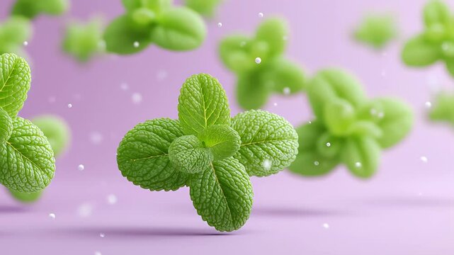 Fresh mint leaves floating in mid-air on a soft lilac background with tiny water particles suspended in space. The image captures freshness, purity, and a herbal aesthetic in a minimalist style