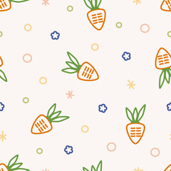 Cute mix outline carrot, circle and flower pattern seamless for vegetable background. Carrot and plant vector easter for wallpaper, clothing, wrapping, fabric, stationery, and phone cases.