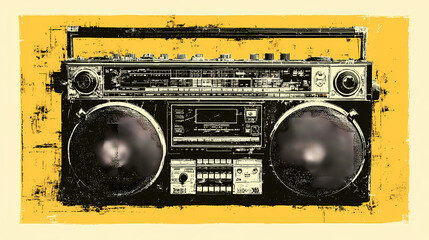 Fototapeta premium fractured iconography. | sharp edge masking | mid-century advertising | brutalist graphics | Retro boombox radio stencil illustration stamp with distressed grunge texture isolated on transparent