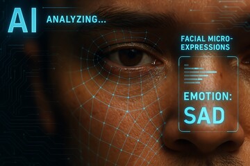 Macro image of AI interface analyzing facial micro-expressions for emotion detection