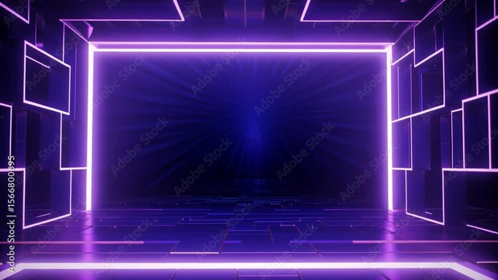 Aufkleber Neon Tunnel Gateway: a luminous neon-lit tunnel and geometric structures. The image emphasizes futuristic design and technological advancements.