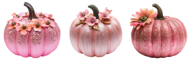 Set of Watercolor pink pumpkin with elegant gold foil splashes and sparkling highlights on transparent png background. Ai generated