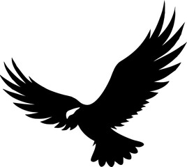 Elegant black vector silhouette of an eagle in flight, wings spread against a white background, symbolizing freedom and wild nature