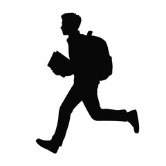 Silhouette of a young student running with a backpack and books