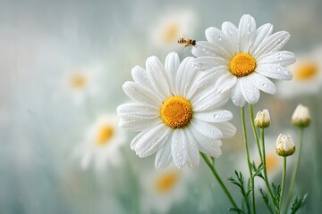 close-up of a wild chamomile in morning dew, with a bee gently landing on its center, professional studio macro photography with dramatic contrast and rich detail