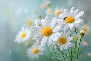 Fototapeta premium close-up of a wild chamomile in morning dew, with a bee gently landing on its center, professional studio macro photography with dramatic contrast and rich detail