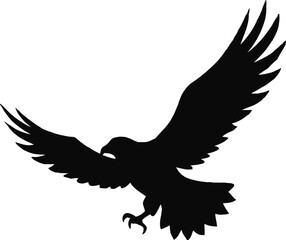 A captivating black silhouette illustration of a flying bird, possibly an eagle or falcon, with prominent wings, perfect for a tattoo design
