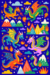 Godzilla vector of playful dragons breathing fiery breath near whimsical mountains. Suitable for childrens illustrations, fantasy book covers, and posters.