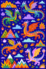 Godzilla vector of playful dragons breathing fiery breath near whimsical mountains. Suitable for childrens illustrations, fantasy book covers, and posters.