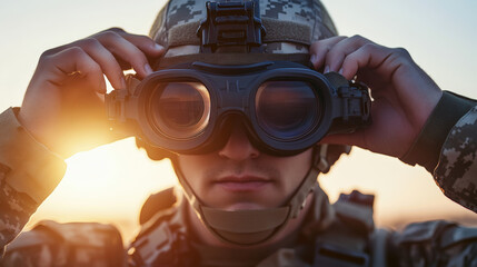 Soldier adjusting tactical goggles at sunset