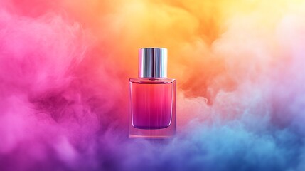 vibrant perfume bottle in colorful mist with dynamic metallic cap