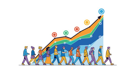 Visualizing collective progress diverse individuals marching towards a steadily ascending growth chart symbolizing success and future achievements