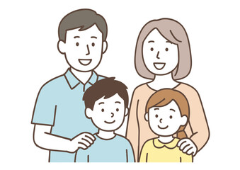 笑顔の家族4人のイラスト（父・母・息子・娘）