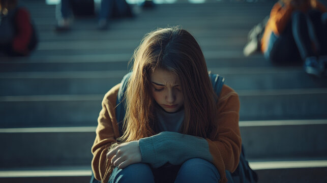 Sad teenage girl sitting alone on outdoor steps, feeling isolated from bullying - Powered by Adobe