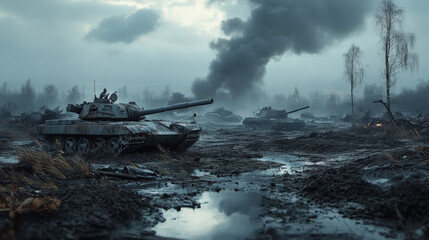 Abandoned battlefield with damaged tanks and smoke in misty environment