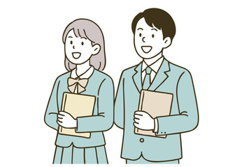 資料とノートパソコンを持った高校生男女の学習シーン