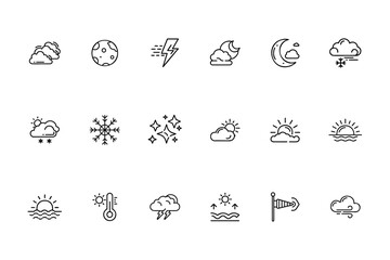 Fototapeta premium Weather icons set including clouds moon sun lightning snowflake wind temperature symbols