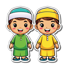 Two happy cartoon boys in traditional clothes